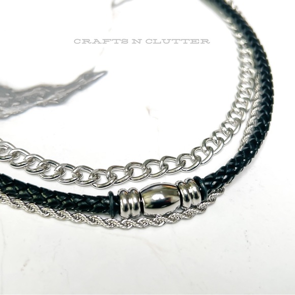 ✦ 3PC Men’s Black Cowhide Magnetic Necklace Stainless Steel Chain Set - Picture 3 of 5